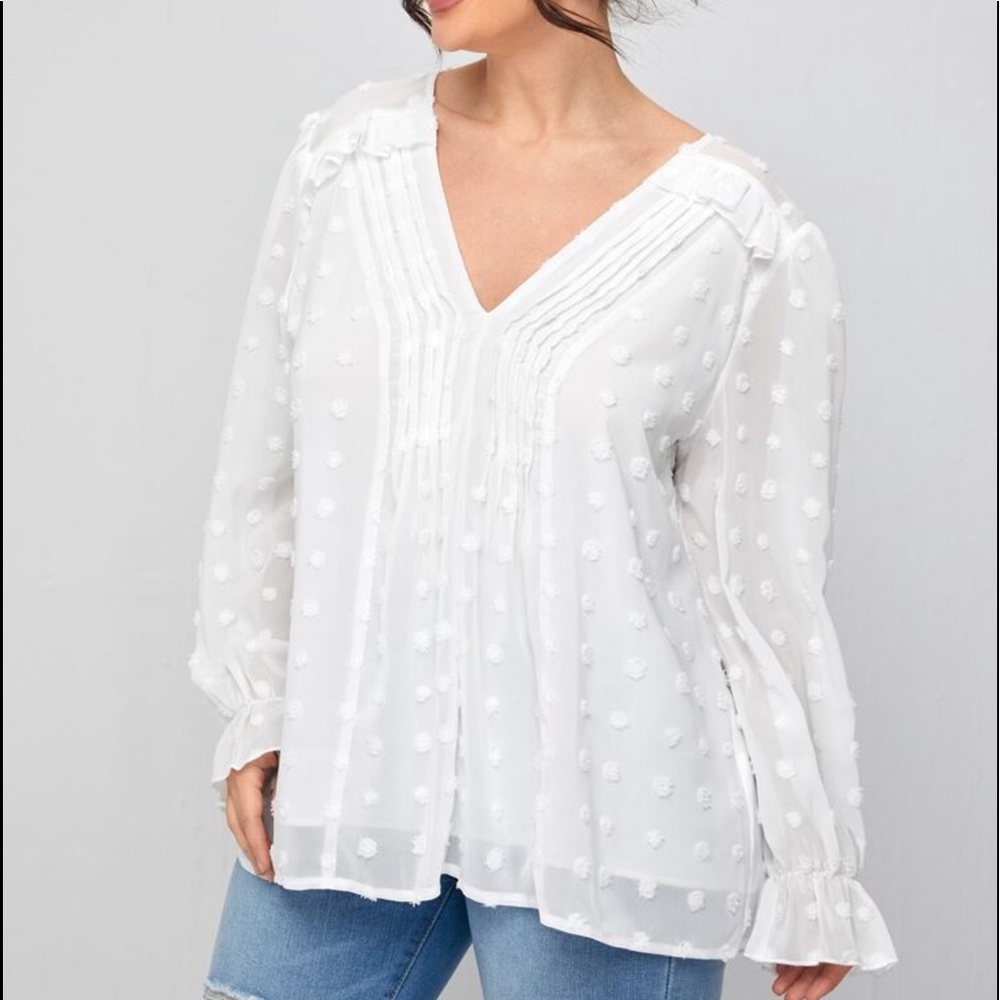 Boho Plus Size Swiss Dot Sheer Mesh Flounce Sleeve Top Blouse - Picture 3 of 5